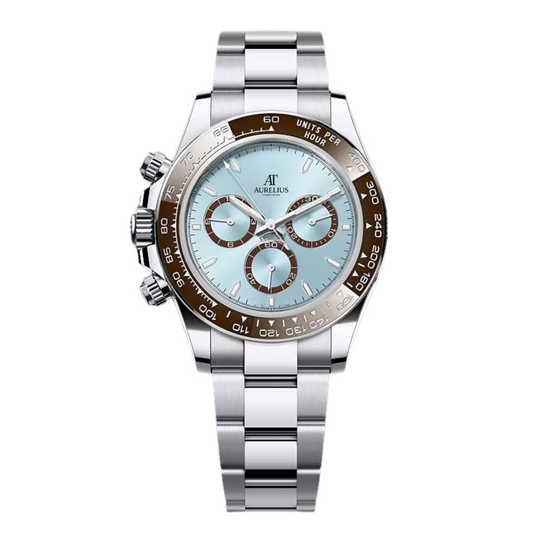 Chronographe Racing 40 – Cadran Bleu Glacé | Boîtier Ton Argenté & Lunette Tachymètre Marron