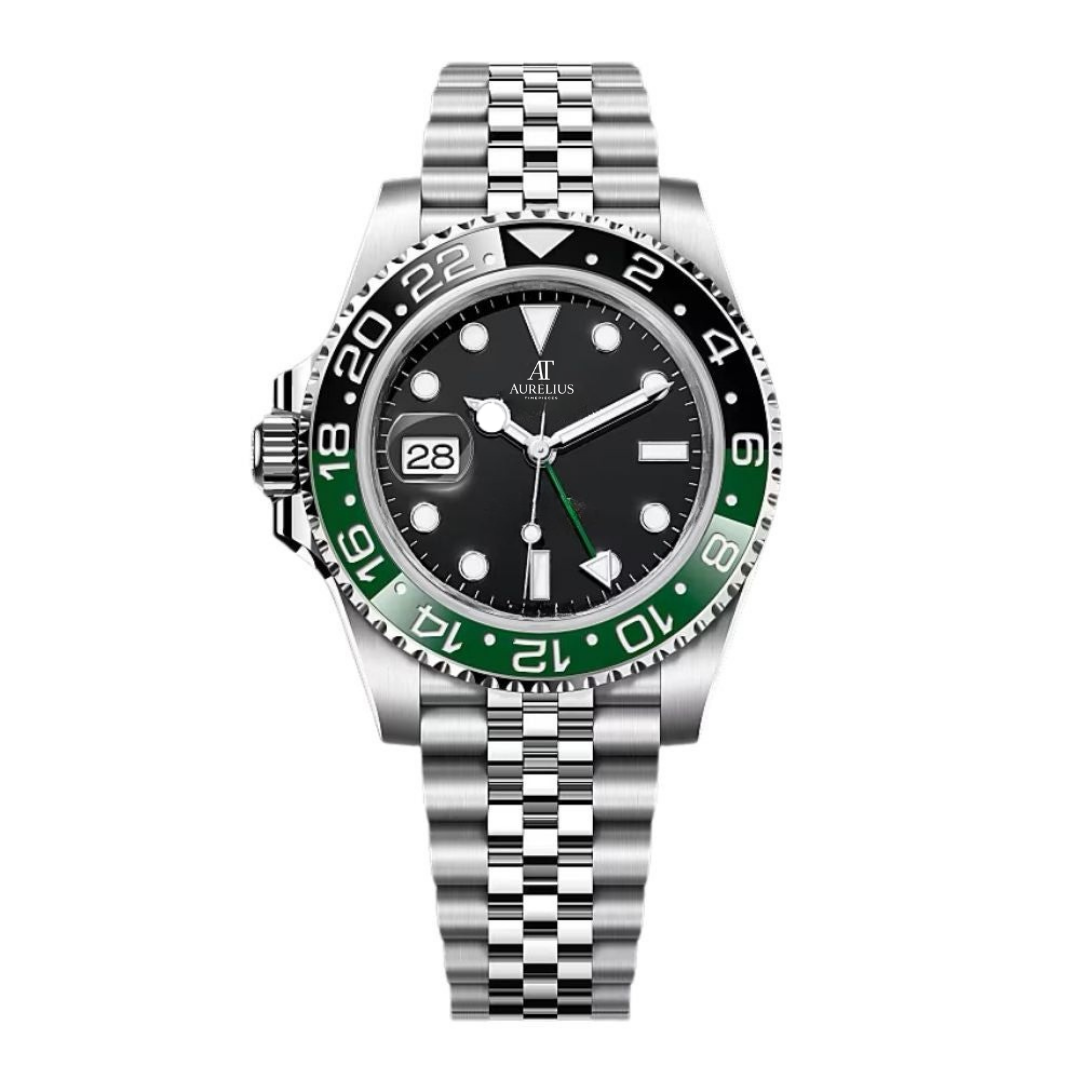 GMT Voyageur 40 – Cadran Noir | Bracelet Jubilee en Acier Inoxydable & Lunette Céramique Noir-Vert