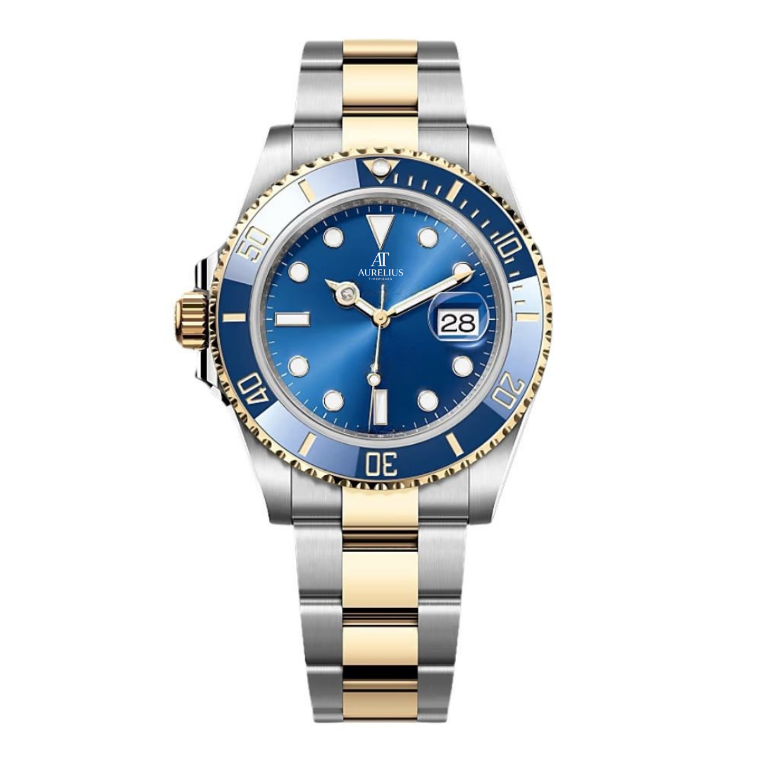 Plongeur Océan 40 – Cadran Soleil Bleu | Bracelet Bicolore Acier Inoxydable & Ton Or avec Lunette Céramique Bleue