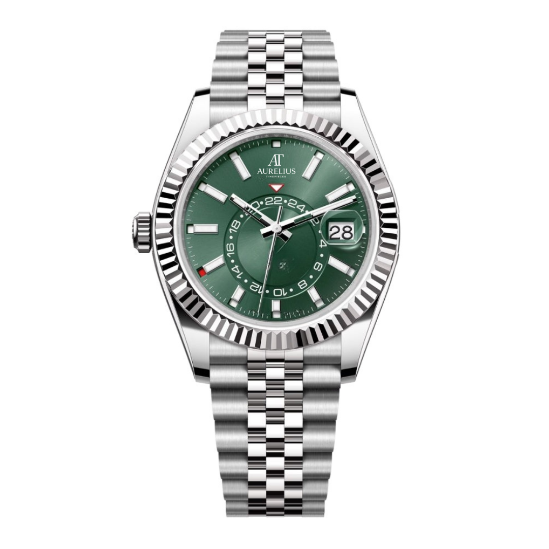 Voyageur Global 42 – Cadran Soleil Vert | Bracelet Jubilee en Acier Inoxydable & Lunette Cannelée