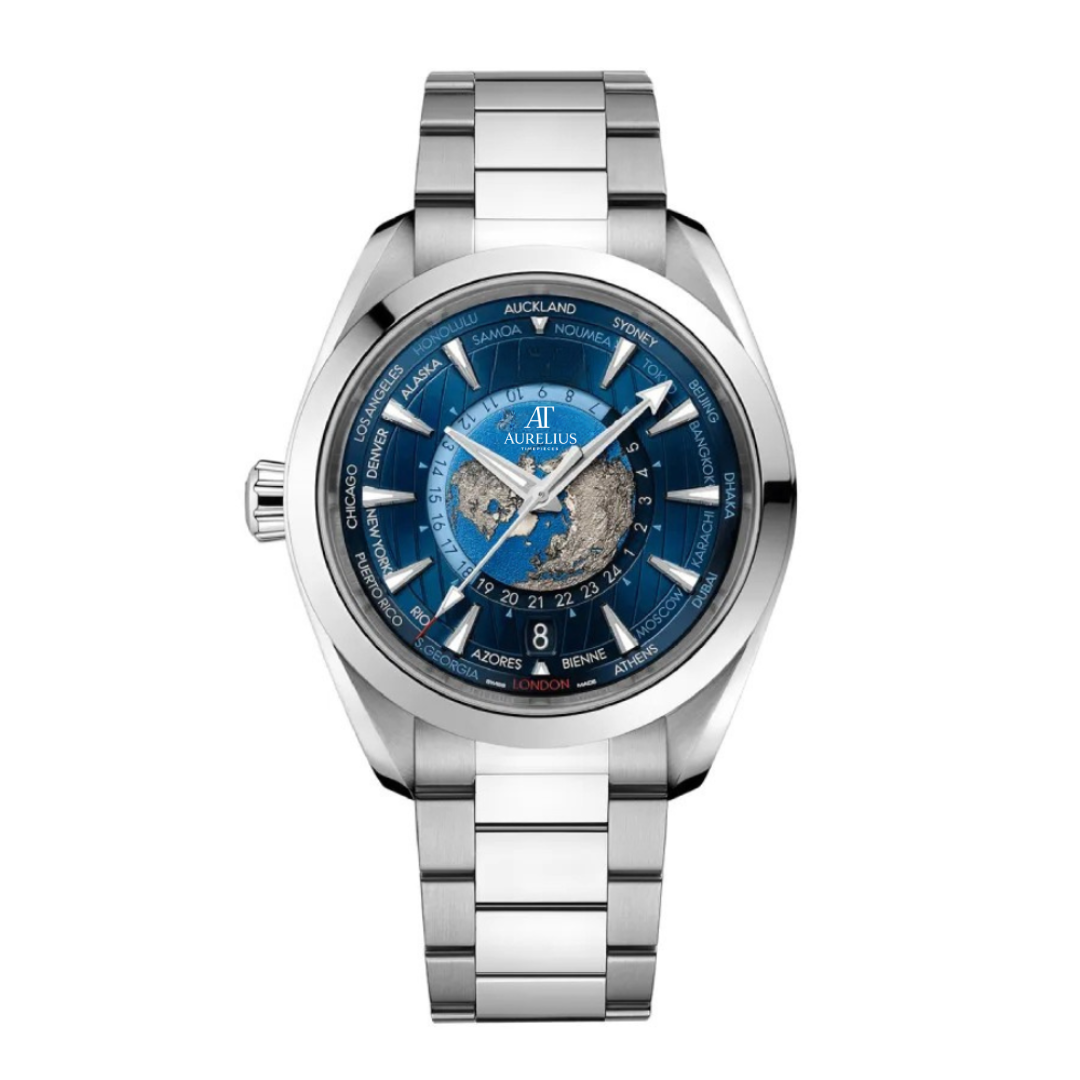 Heure Mondiale 43 – Cadran Carte du Monde Bleu | Bracelet en Acier & Lunette Lisse