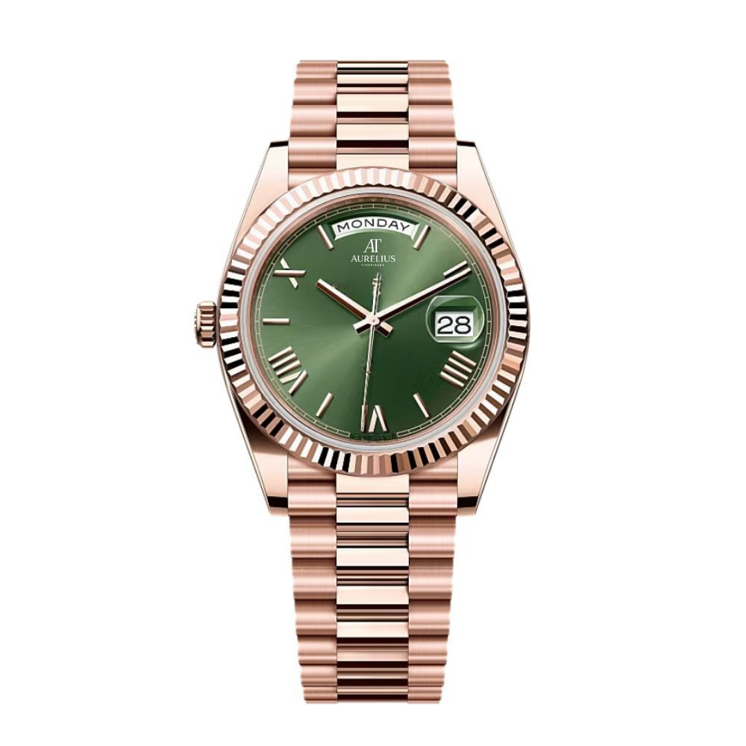 Day-Date Exécutif 40 – Cadran Soleil Vert | Bracelet Président Ton Or Rose & Lunette Cannelée