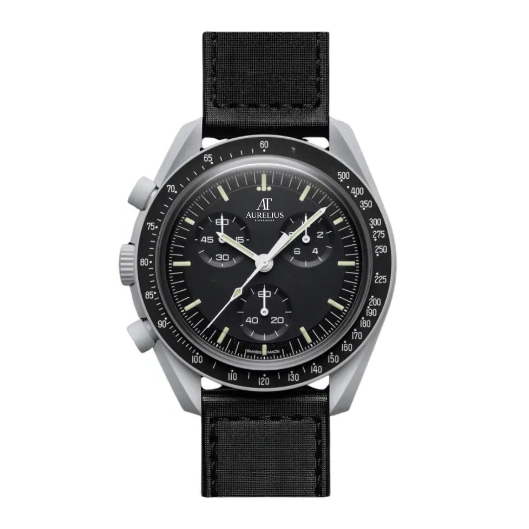 Chronographe 42 – Cadran Noir | Boîtier Gris Mat & Bracelet Tissu Noir & Lunette Tachymètre