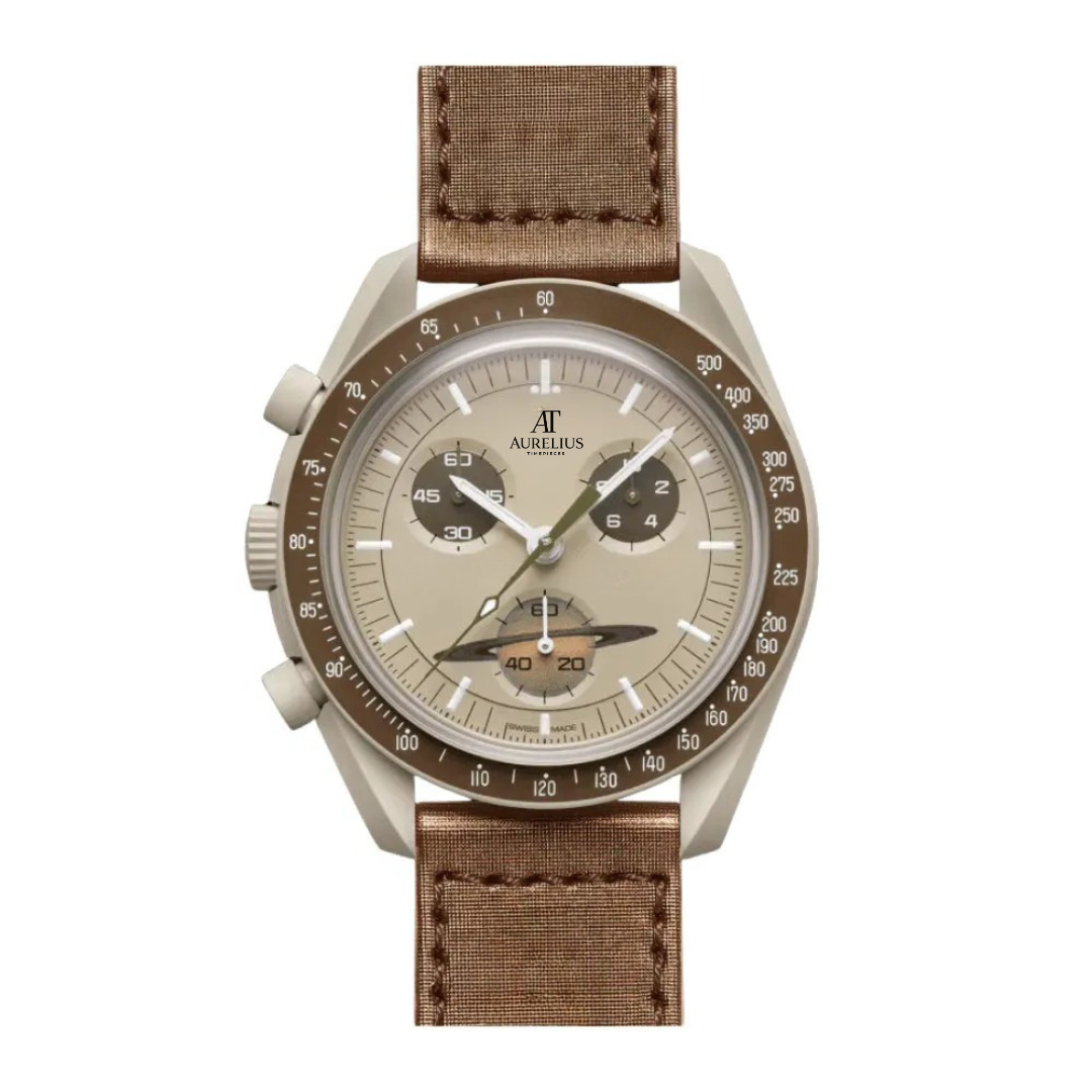 Chronographe 42 – Cadran Beige | Boîtier Sable & Bracelet Marron & Lunette Tachymètre