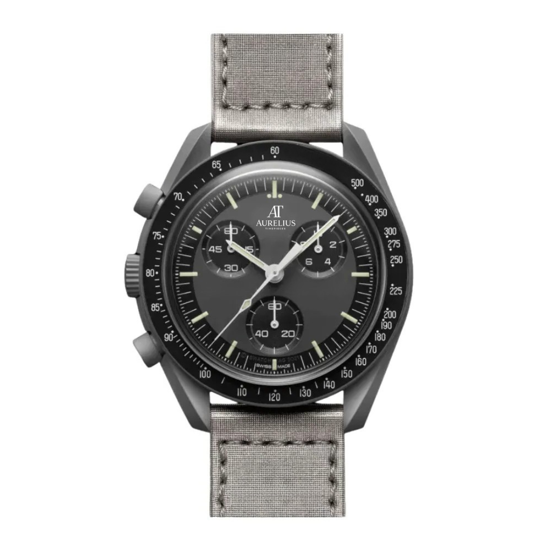 Chronographe 42 – Cadran Noir | Boîtier Gris Foncé & Bracelet Noir & Lunette Tachymètre
