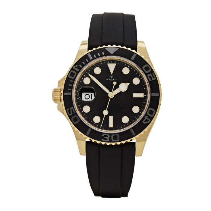 Sport 42 – Cadran Noir | Boîtier Ton Or & Bracelet Caoutchouc