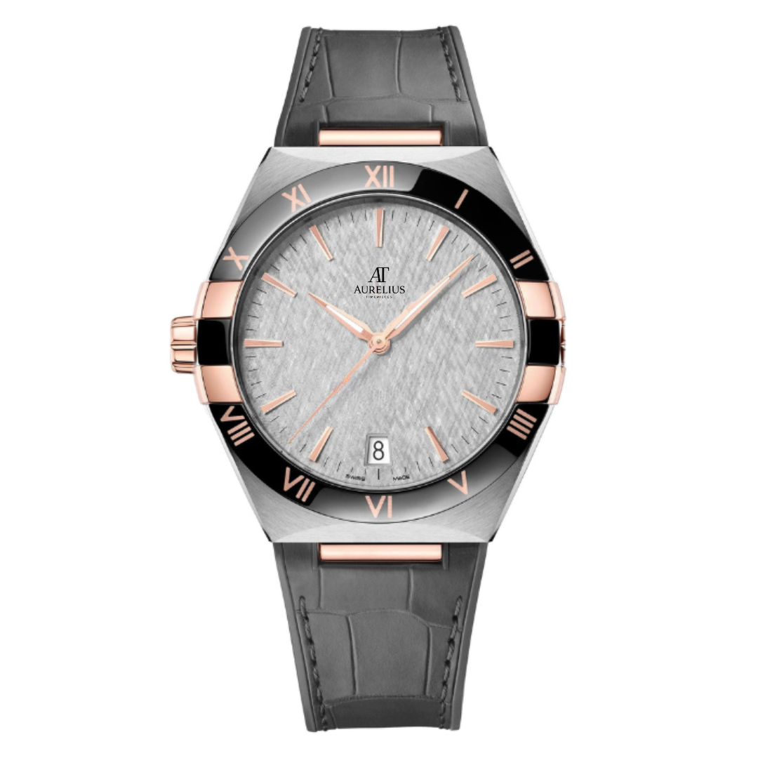 Classique Intégré 41 – Cadran Texturé Argenté | Boîtier Acier & Ton Or & Bracelet Cuir & Lunette Gravée