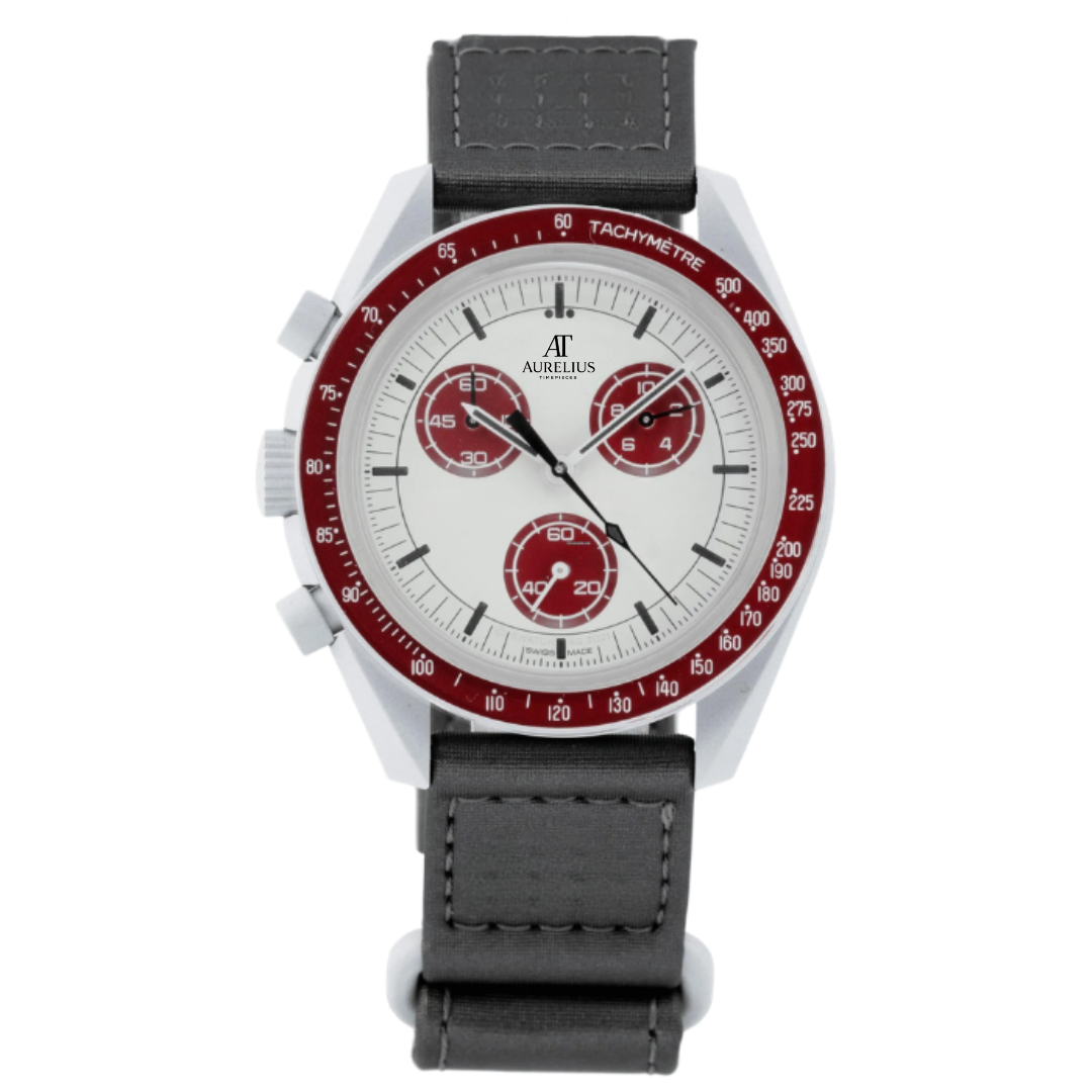 Chronographe 42 – Cadran Blanc avec Accents Rouges | Boîtier Rouge & Bracelet Blanc & Lunette Tachymètre