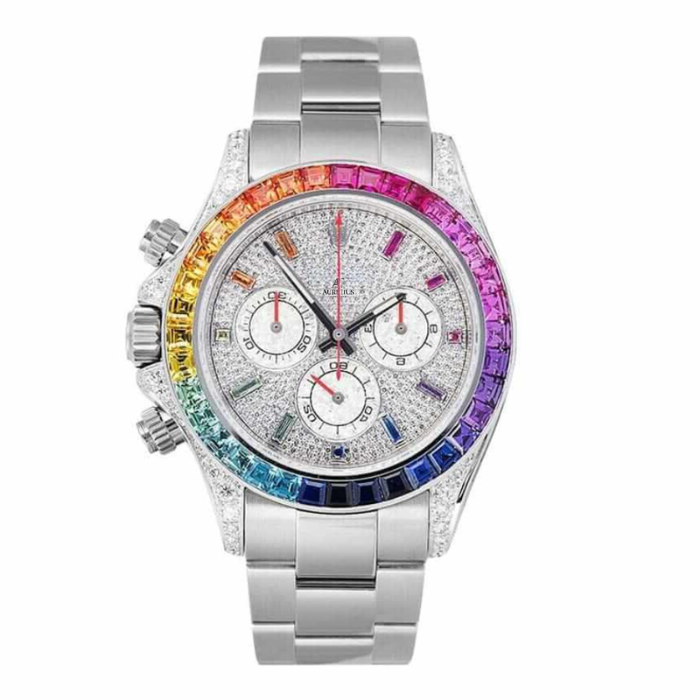 Chronographe 40 – Cadran Blanc Diamant | Bracelet Ton Argenté & Lunette Pierres Arc-en-ciel