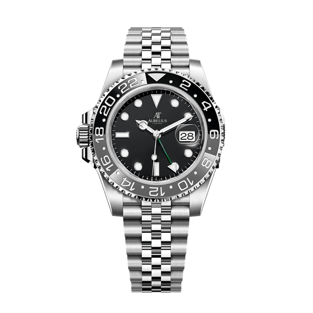 GMT Explorateur 40 – Cadran Noir & Gris | Bracelet Jubilee en Acier Inoxydable & Lunette Céramique Bicolore