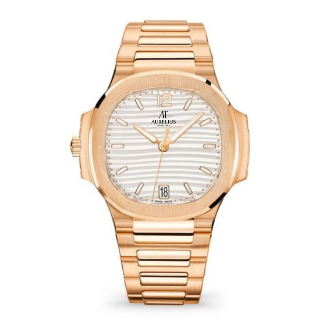Calendrier Annuel 38 – Cadran Blanc | Boîtier Ton Or Rose & Bracelet Cuir Marron