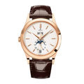 Calendrier Annuel 38 – Cadran Blanc | Boîtier Ton Or Rose & Bracelet Cuir Marron