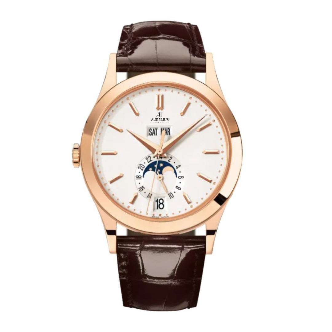 Calendrier Annuel 38 – Cadran Blanc | Boîtier Ton Or Rose & Bracelet Cuir Marron