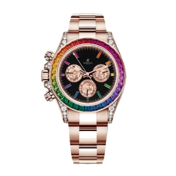 Chronographe 40 – Cadran Noir | Bracelet Ton Or Rose & Lunette Pierres Multicolores