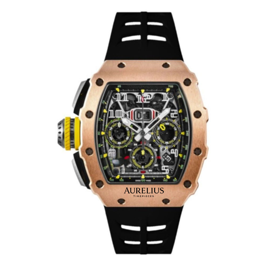Chronographe Squelette 44 – Cadran Ajouré | Boîtier Ton Or Rose & Bracelet Caoutchouc