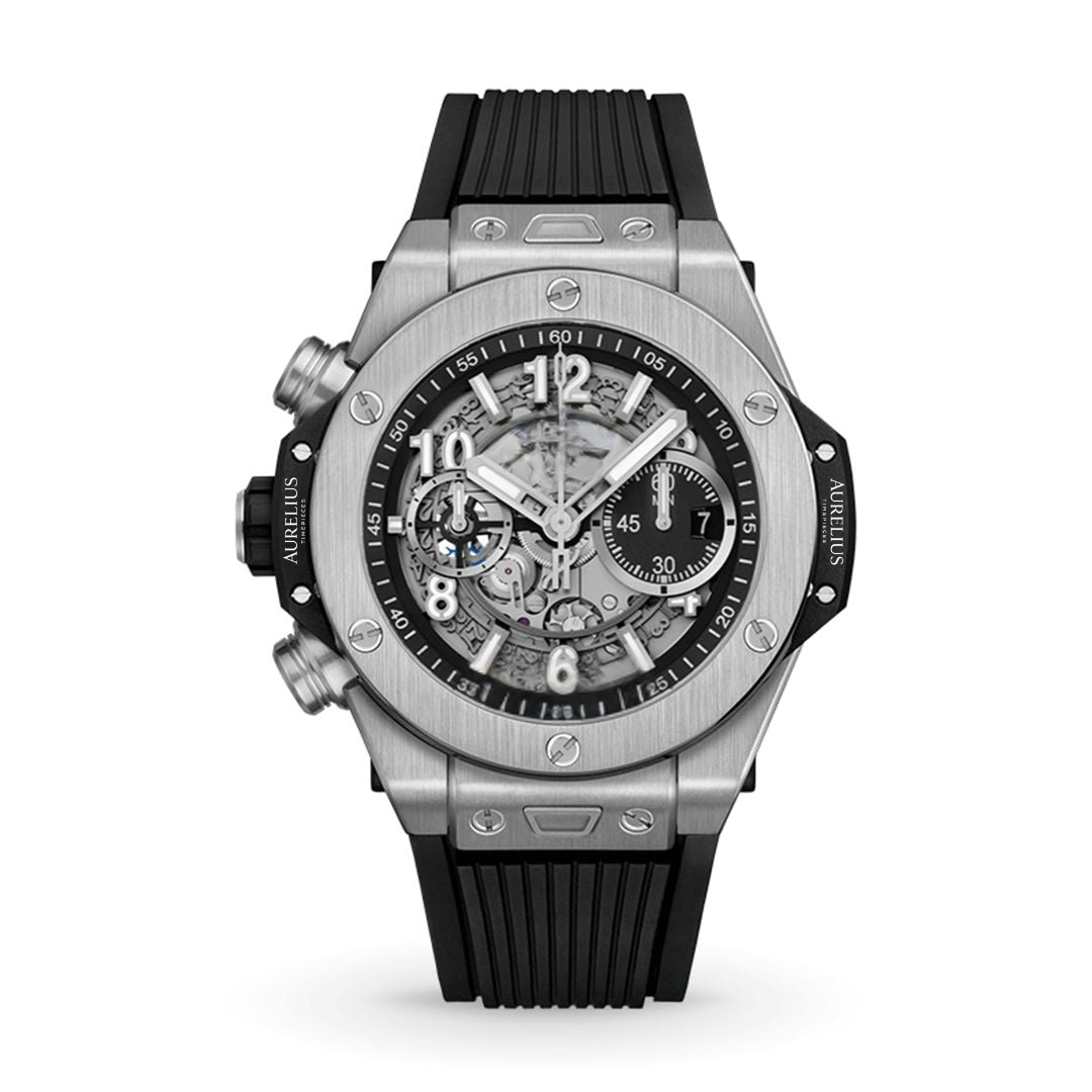 Chronographe Fusion 44 – Cadran Squelette Noir | Boîtier Argenté & Bracelet Caoutchouc Noir
