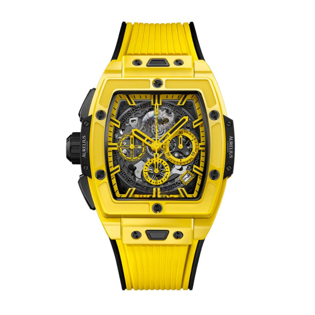 Chronographe Tonneau 42 – Cadran Squelette Noir | Boîtier Jaune & Bracelet Caoutchouc Noir