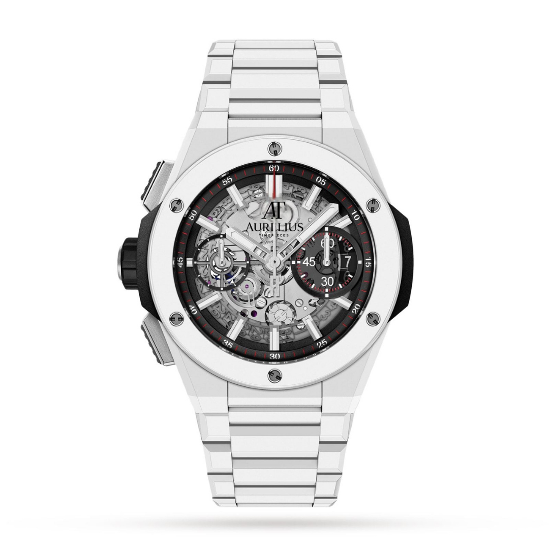 Chronographe Fusion 42 – Cadran Squelette Noir | Boîtier Blanc & Bracelet Caoutchouc Noir