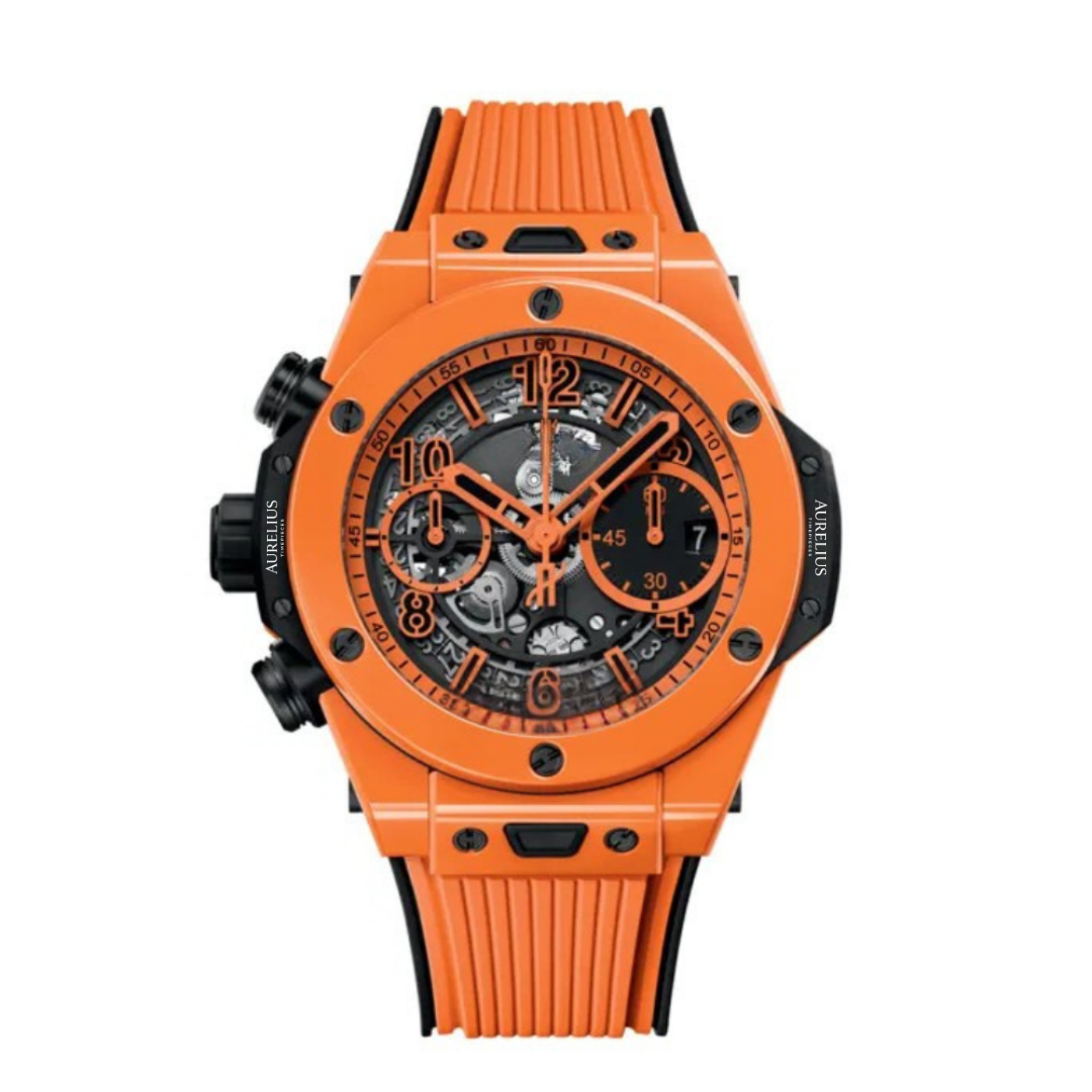 Chronographe Fusion 42 – Cadran Squelette Noir | Boîtier Céramique Orange & Bracelet Caoutchouc Noir