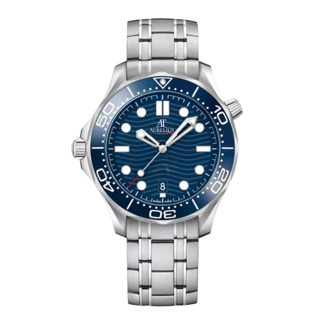 Plongeur 42 – Cadran Vagues Bleu | Bracelet en Acier & Lunette de Plongée Céramique Bleue