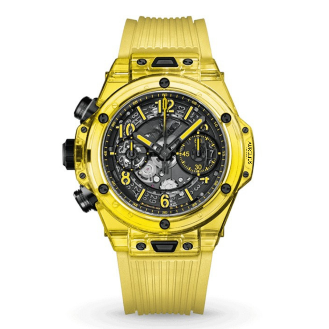 Chronographe Fusion 42 – Cadran Squelette Noir | Boîtier Saphir Jaune & Bracelet Caoutchouc Noir