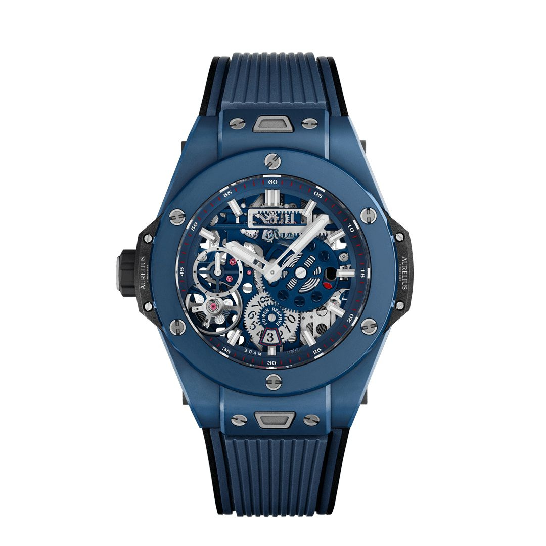 Réserve de Marche Fusion 45 – Cadran Squelette Bleu | Boîtier Céramique Bleu & Bracelet Caoutchouc Bleu