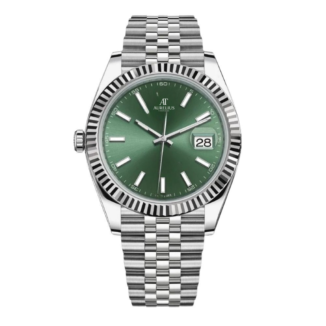 Date Classique 41 – Cadran Soleil Vert | Bracelet Jubilee en Acier Inoxydable & Lunette Cannelée