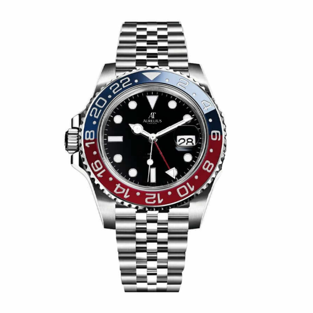 GMT Voyageur 40 – Cadran Noir | Bracelet Jubilee en Acier Inoxydable & Lunette Céramique Rouge-Bleu