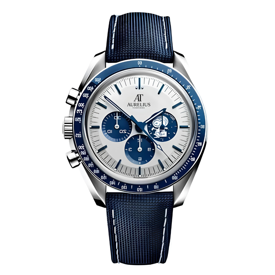 Chronographe 42 – Cadran Blanc avec Sous-Cadrans Bleus | Boîtier Acier & Bracelet Bleu & Lunette Tachymètre