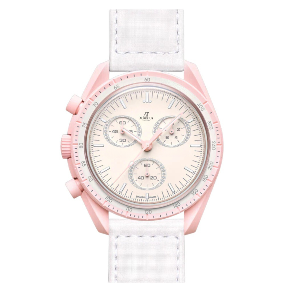 Chronographe 42 – Cadran Rose | Boîtier Rose & Bracelet Blanc & Lunette Tachymètre